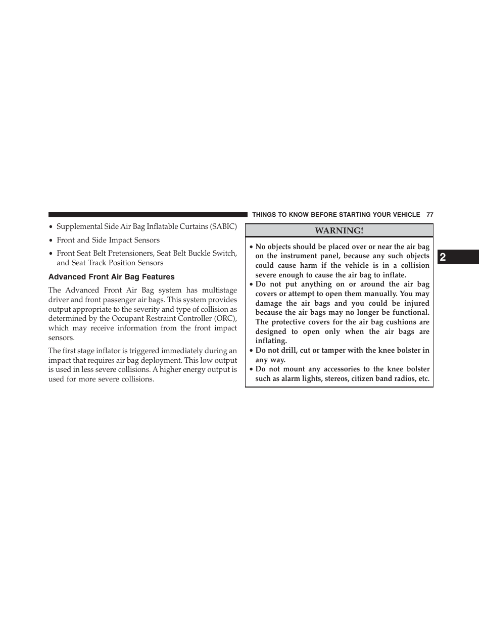 Advanced front air bag features | Dodge 2013 Grand_Caravan - Owner Manual User Manual | Page 79 / 683