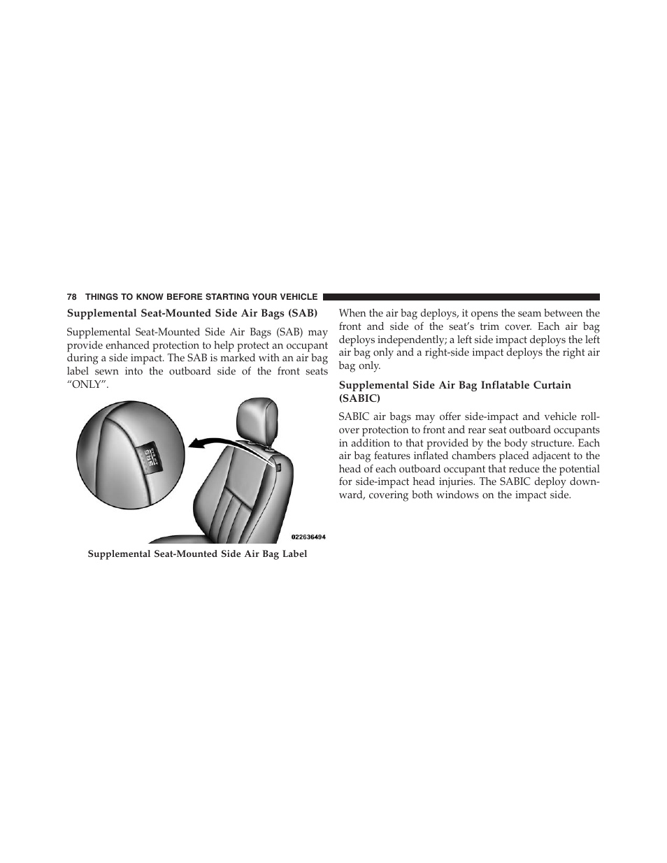 Supplemental seat-mounted side air bags (sab) | Dodge 2013 Grand_Caravan - Owner Manual User Manual | Page 80 / 683