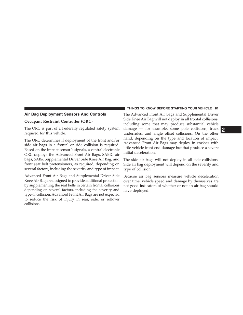 Air bag deployment sensors and controls, Occupant restraint controller (orc) | Dodge 2013 Grand_Caravan - Owner Manual User Manual | Page 83 / 683