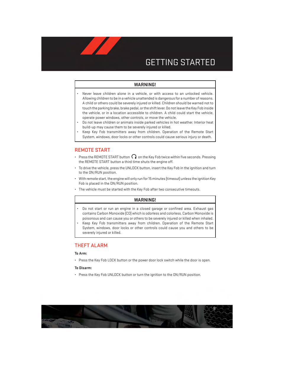 Remote start, Theft alarm, To arm | To disarm, Getting started | Dodge 2013 Grand_Caravan - User Guide User Manual | Page 11 / 132