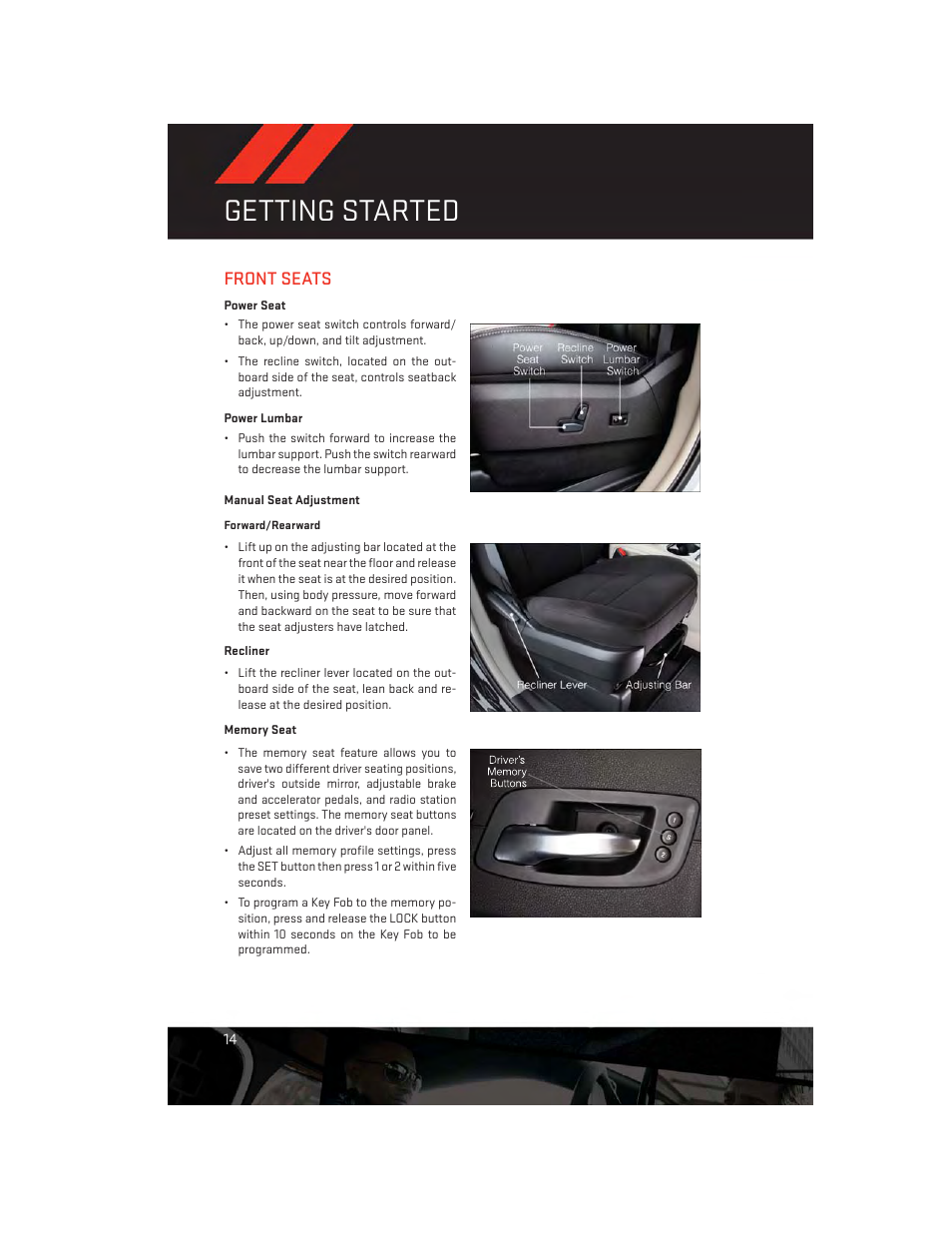 Front seats, Power seat, Power lumbar | Manual seat adjustment, Memory seat, Getting started | Dodge 2013 Grand_Caravan - User Guide User Manual | Page 16 / 132