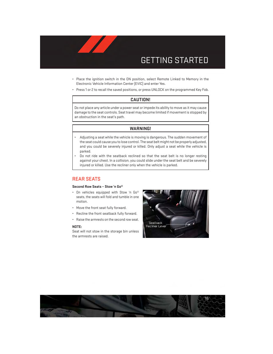 Rear seats, Second row seats – stow 'n go, Getting started | Dodge 2013 Grand_Caravan - User Guide User Manual | Page 17 / 132