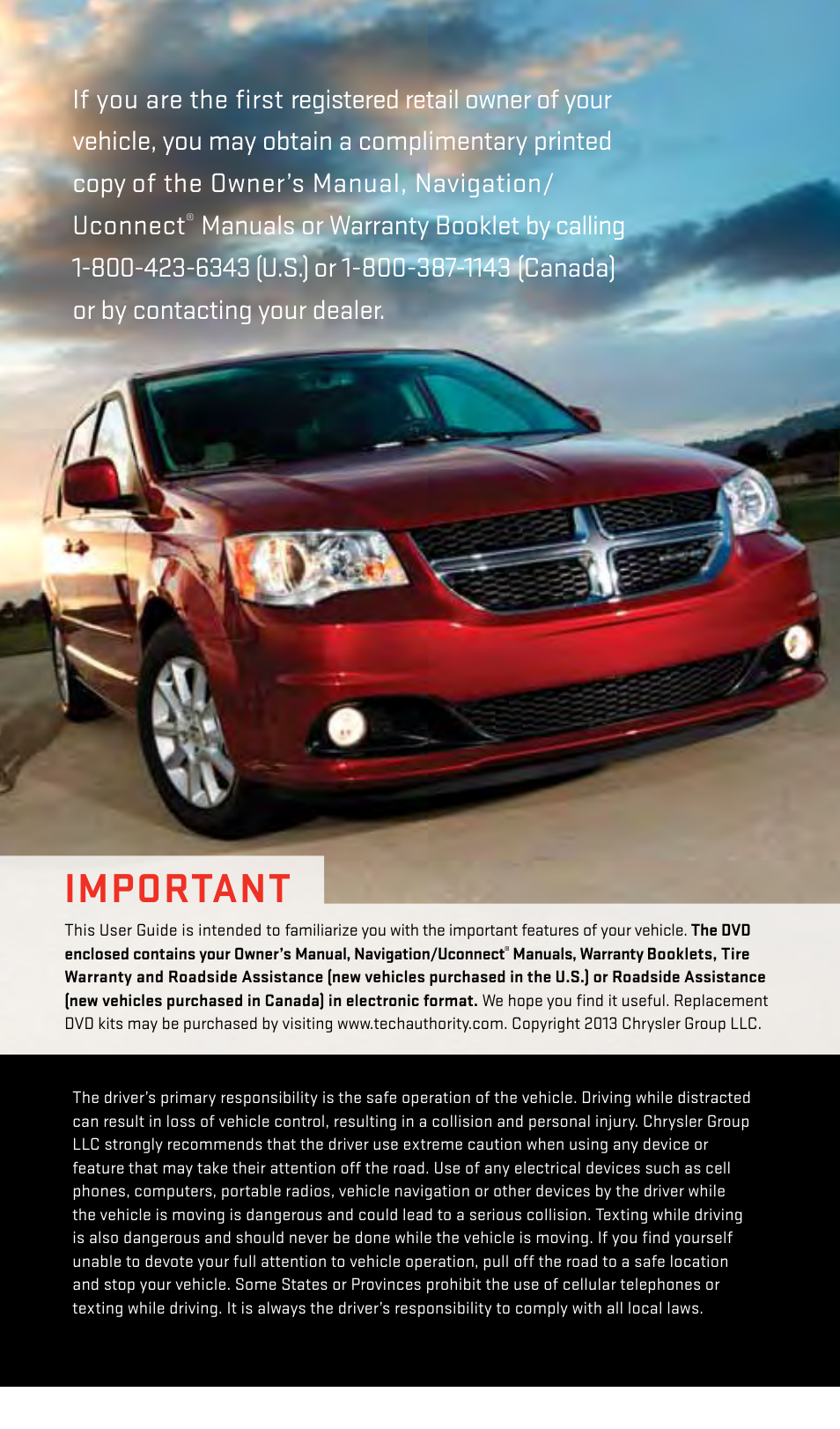 Important, Warning, Driving and alcohol | Dodge 2013 Grand_Caravan - User Guide User Manual | Page 2 / 132