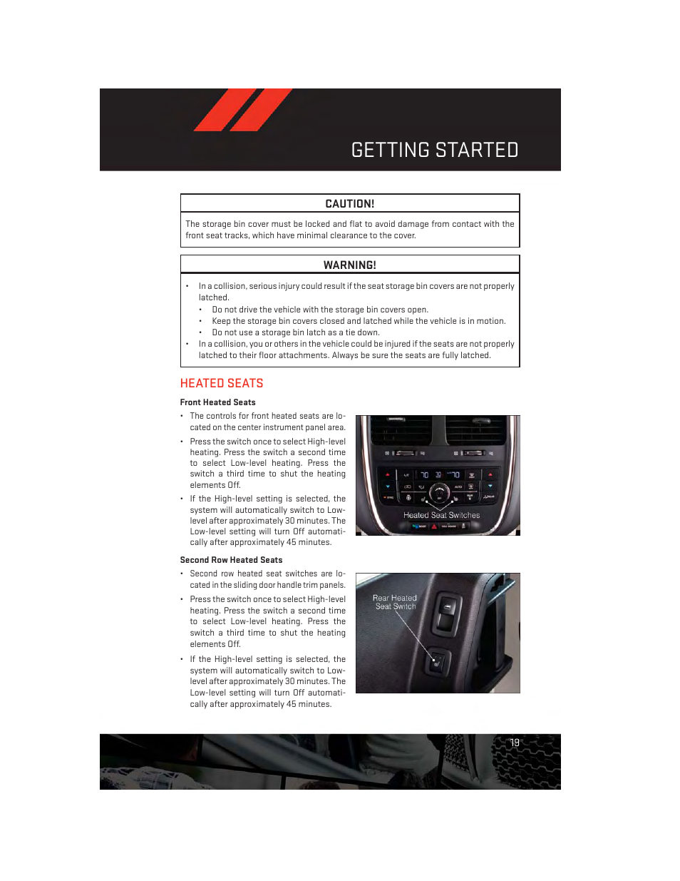 Heated seats, Front heated seats, Second row heated seats | Getting started | Dodge 2013 Grand_Caravan - User Guide User Manual | Page 21 / 132