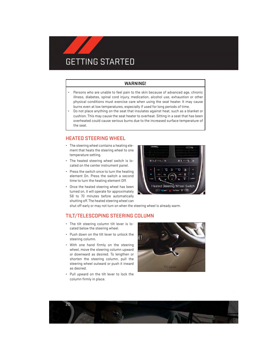 Heated steering wheel, Tilt/telescoping steering column, Getting started | Dodge 2013 Grand_Caravan - User Guide User Manual | Page 22 / 132