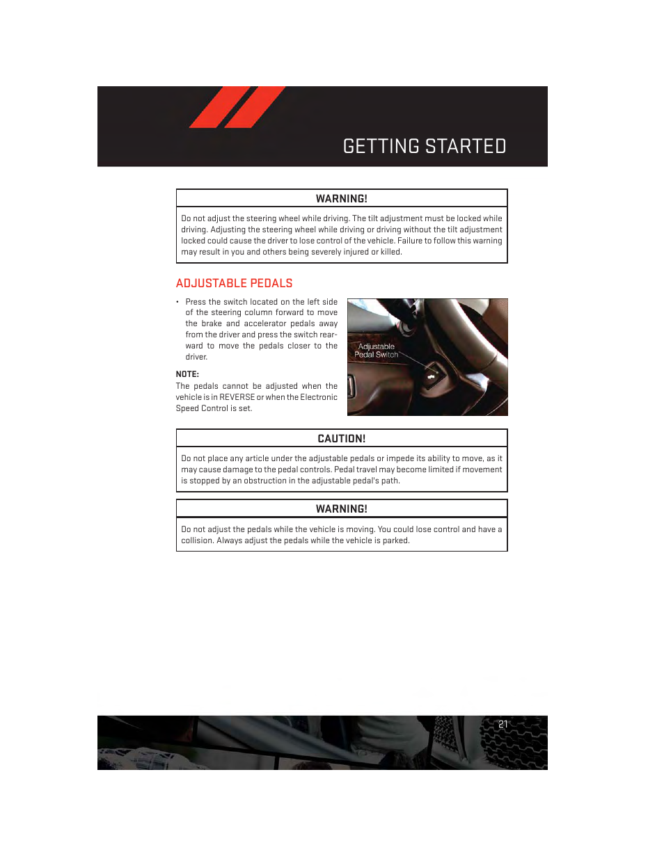 Adjustable pedals, Getting started | Dodge 2013 Grand_Caravan - User Guide User Manual | Page 23 / 132