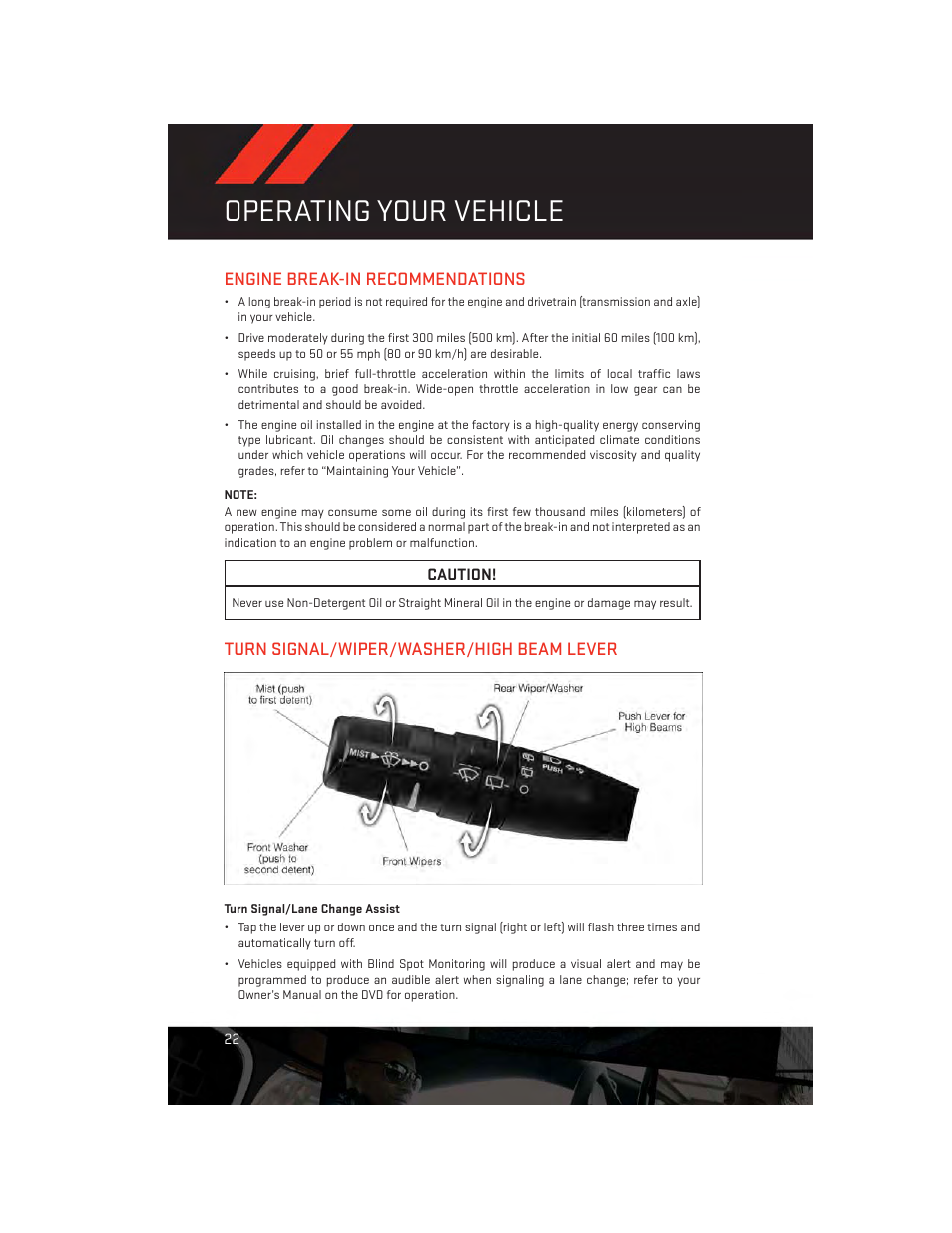 Operating your vehicle, Engine break-in recommendations, Turn signal/wiper/washer/high beam lever | Turn signal/lane change assist | Dodge 2013 Grand_Caravan - User Guide User Manual | Page 24 / 132
