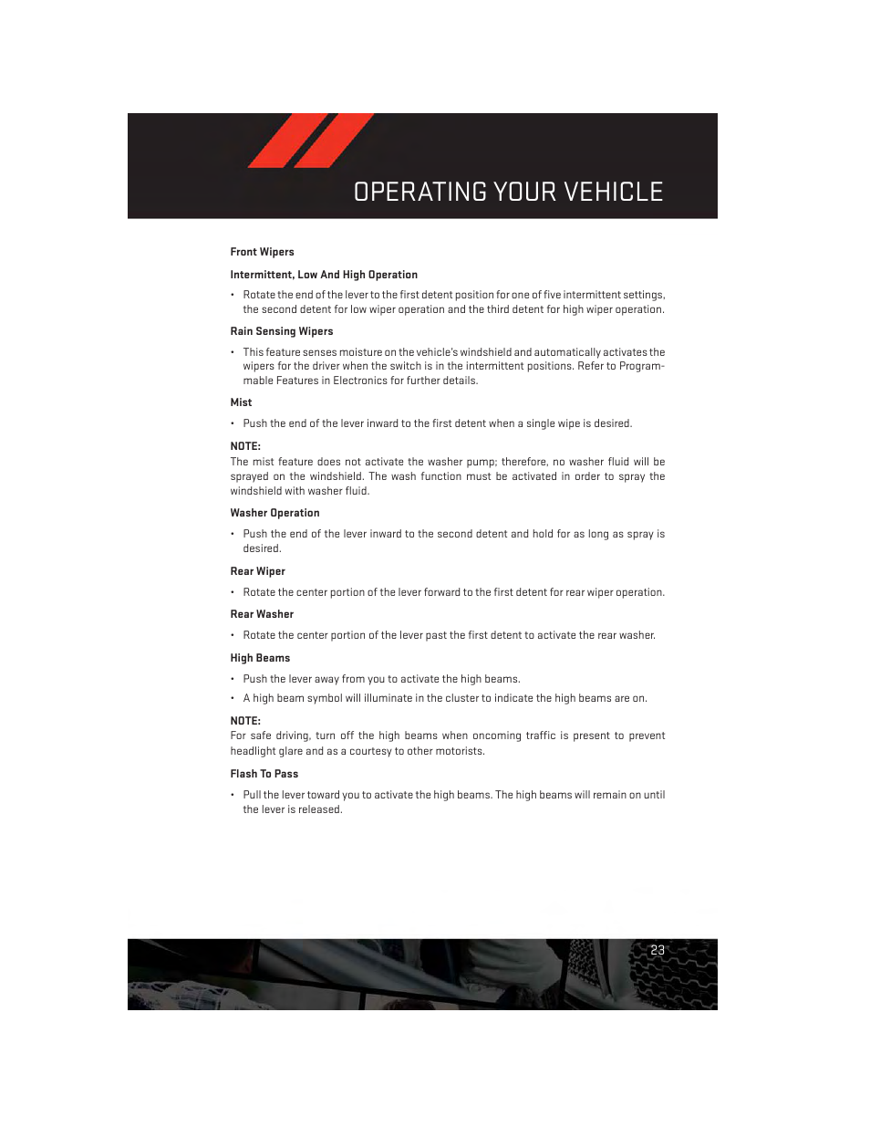 Front wipers, Rear wiper, High beams | Flash to pass, Operating your vehicle | Dodge 2013 Grand_Caravan - User Guide User Manual | Page 25 / 132