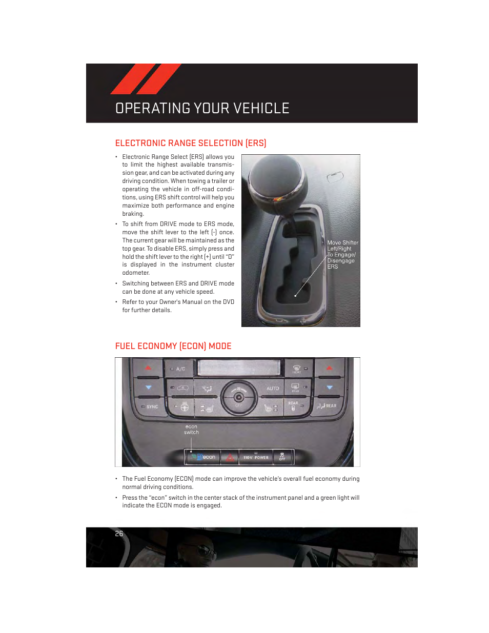 Electronic range selection (ers), Fuel economy (econ) mode, Operating your vehicle | Dodge 2013 Grand_Caravan - User Guide User Manual | Page 28 / 132