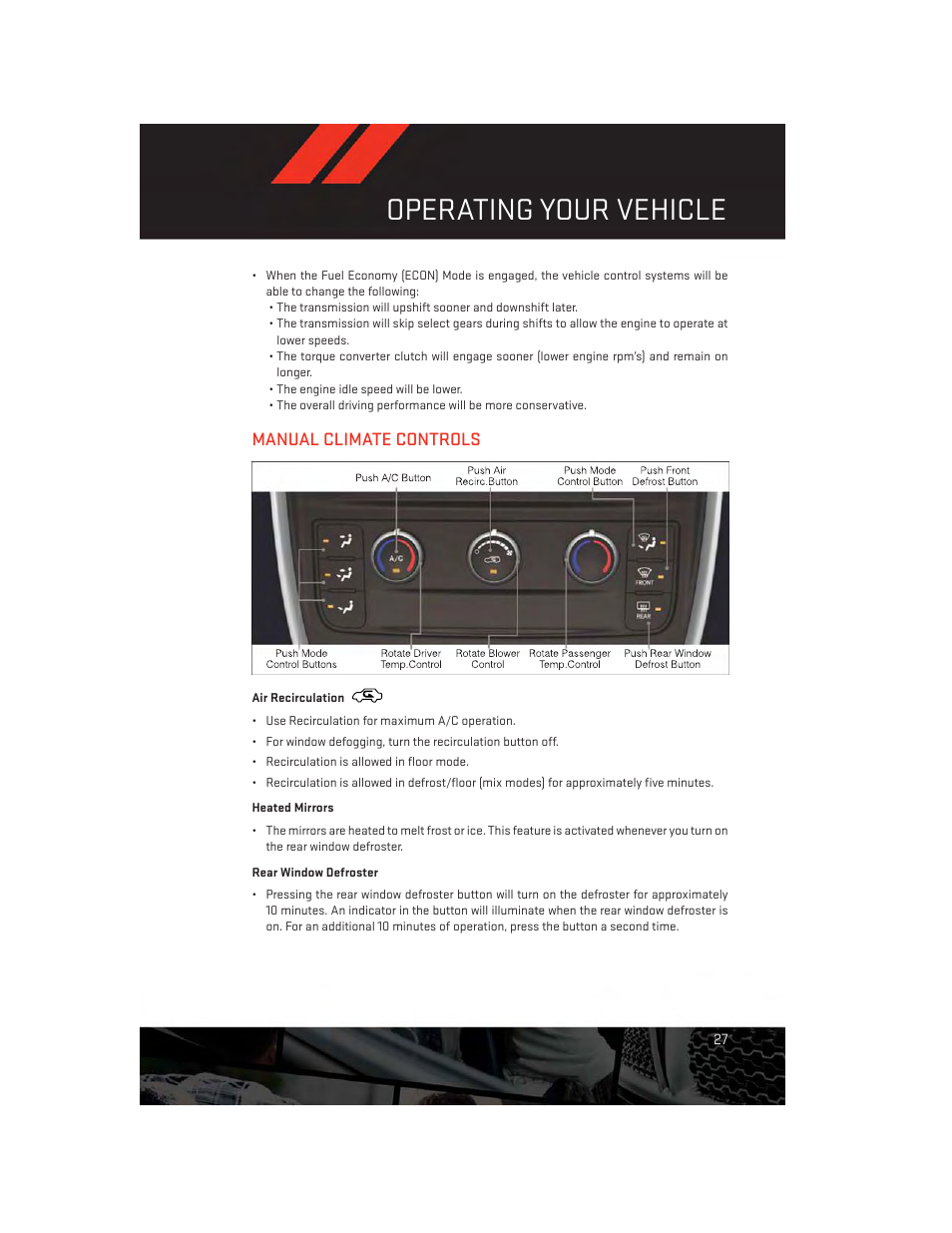 Manual climate controls, Air recirculation, Heated mirrors | Rear window defroster, Operating your vehicle | Dodge 2013 Grand_Caravan - User Guide User Manual | Page 29 / 132