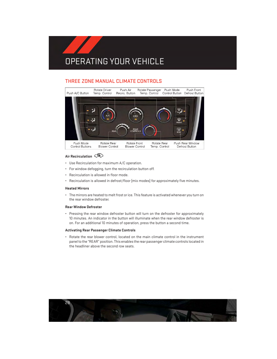 Three zone manual climate controls, Air recirculation, Heated mirrors | Rear window defroster, Activating rear passenger climate controls, Operating your vehicle | Dodge 2013 Grand_Caravan - User Guide User Manual | Page 30 / 132