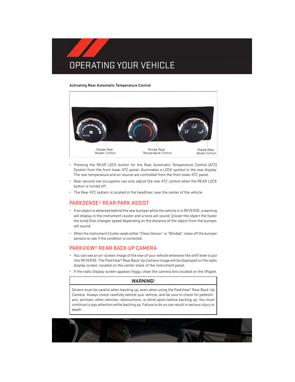 Activating rear automatic temperature control, Parksense® rear park assist, Parkview® rear back-up camera | Operating your vehicle | Dodge 2013 Grand_Caravan - User Guide User Manual | Page 32 / 132