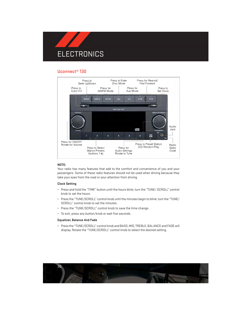 Uconnect® 130, Clock setting, Equalizer, balance and fade | Electronics | Dodge 2013 Grand_Caravan - User Guide User Manual | Page 38 / 132