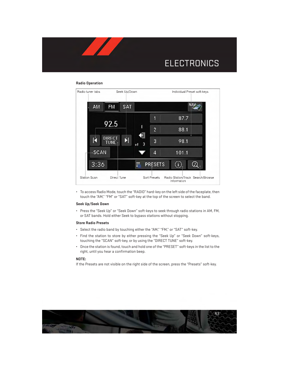 Radio operation, Electronics | Dodge 2013 Grand_Caravan - User Guide User Manual | Page 45 / 132