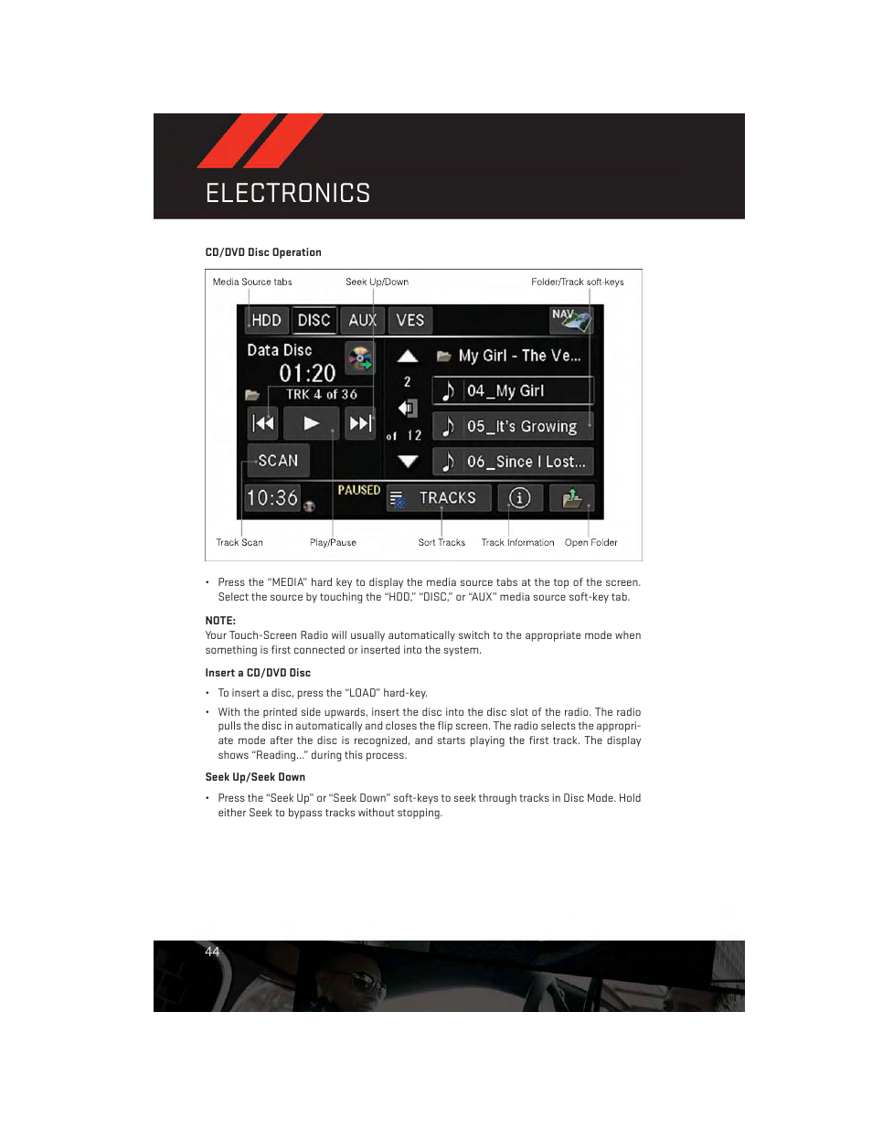 Cd/dvd disc operation, Electronics | Dodge 2013 Grand_Caravan - User Guide User Manual | Page 46 / 132