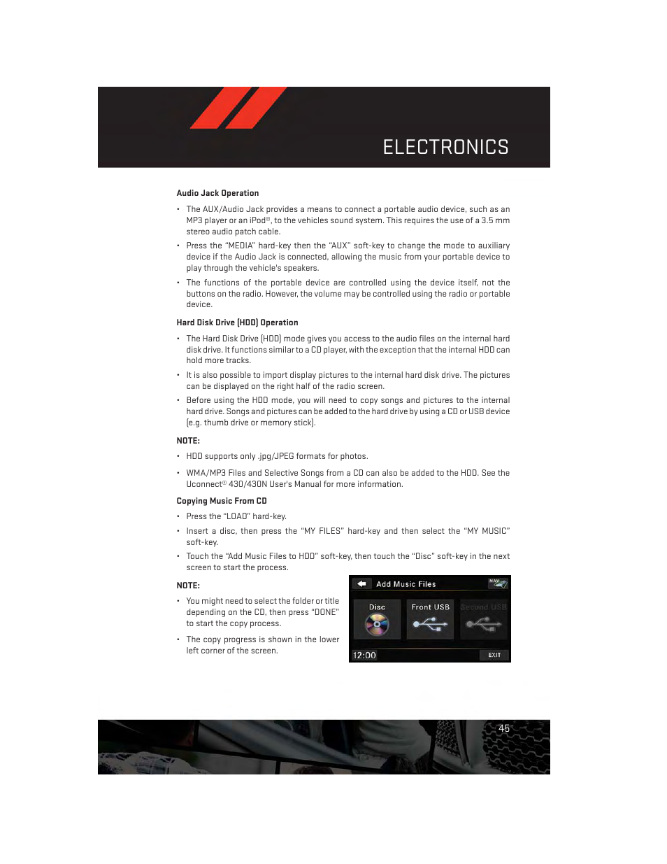 Audio jack operation, Hard disk drive (hdd) operation, Electronics | Dodge 2013 Grand_Caravan - User Guide User Manual | Page 47 / 132