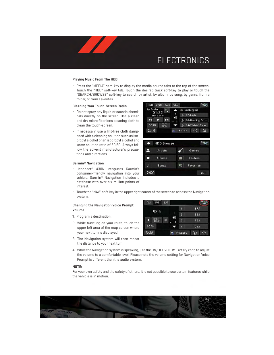 Cleaning your touch-screen radio, Garmin® navigation, Electronics | Dodge 2013 Grand_Caravan - User Guide User Manual | Page 49 / 132