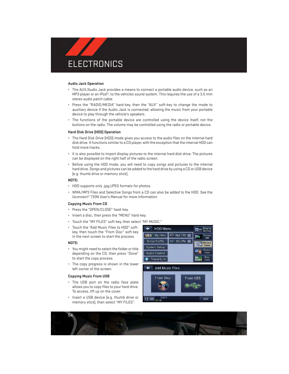 Audio jack operation, Hard disk drive (hdd) operation, Electronics | Dodge 2013 Grand_Caravan - User Guide User Manual | Page 56 / 132