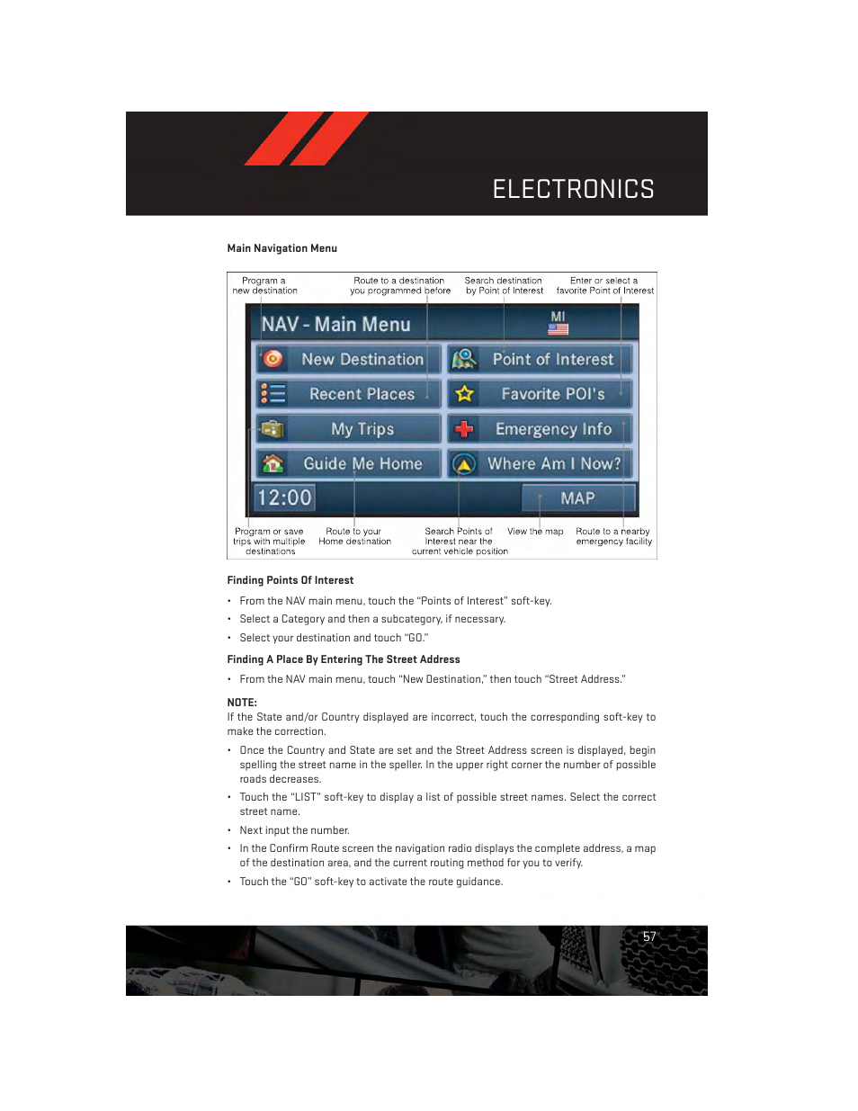 Main navigation menu, Electronics | Dodge 2013 Grand_Caravan - User Guide User Manual | Page 59 / 132