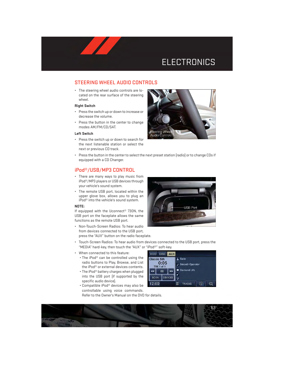 Steering wheel audio controls, Right switch, Left switch | Ipod®/usb/mp3 control, Electronics | Dodge 2013 Grand_Caravan - User Guide User Manual | Page 65 / 132