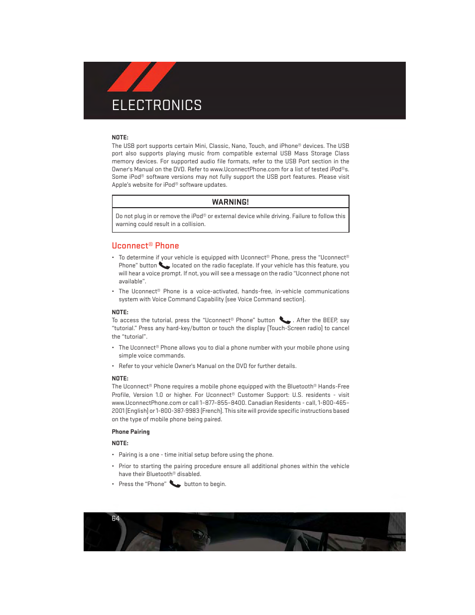 Uconnect® phone, Phone pairing, Electronics | Dodge 2013 Grand_Caravan - User Guide User Manual | Page 66 / 132