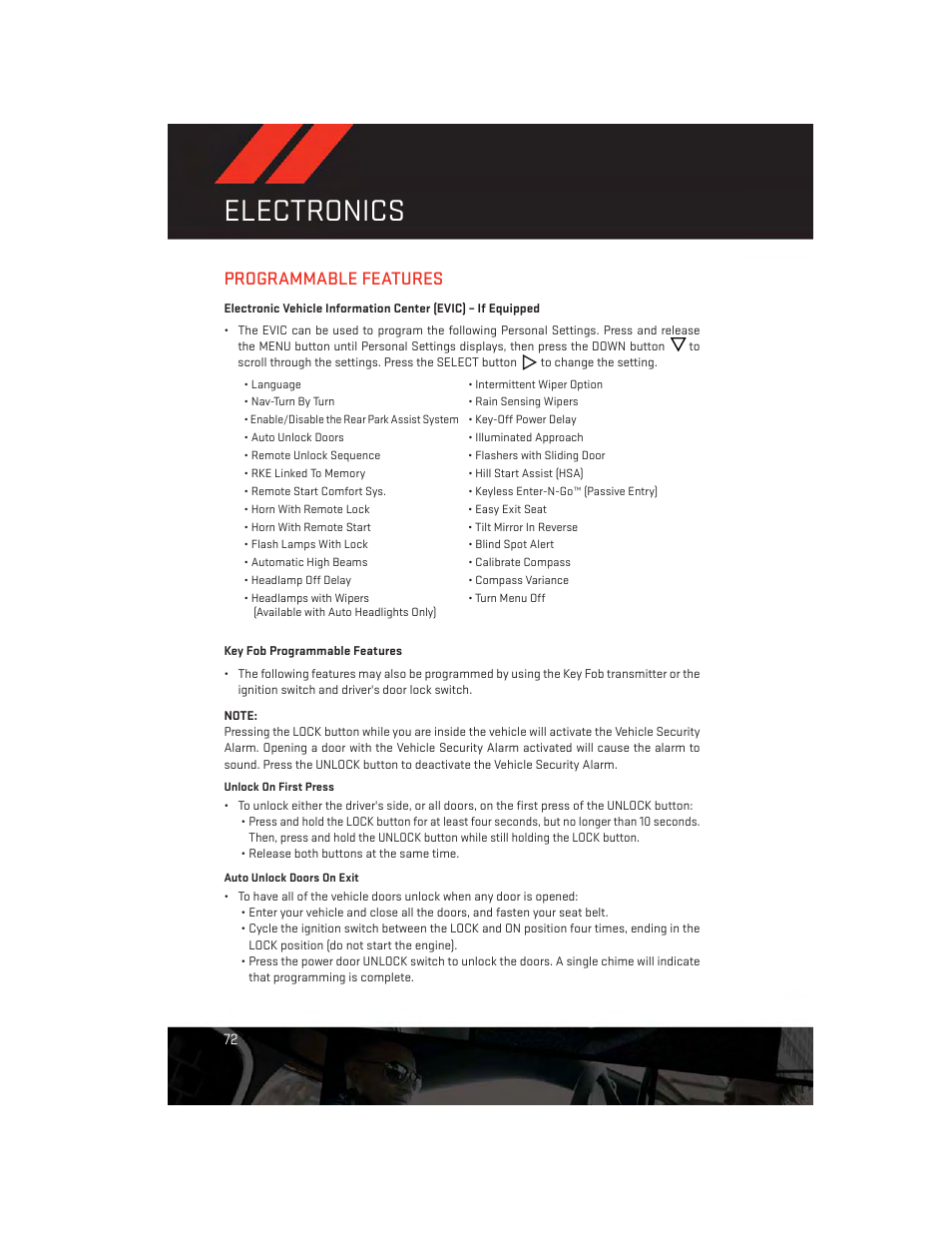 Programmable features, Key fob programmable features, Electronics | Dodge 2013 Grand_Caravan - User Guide User Manual | Page 74 / 132