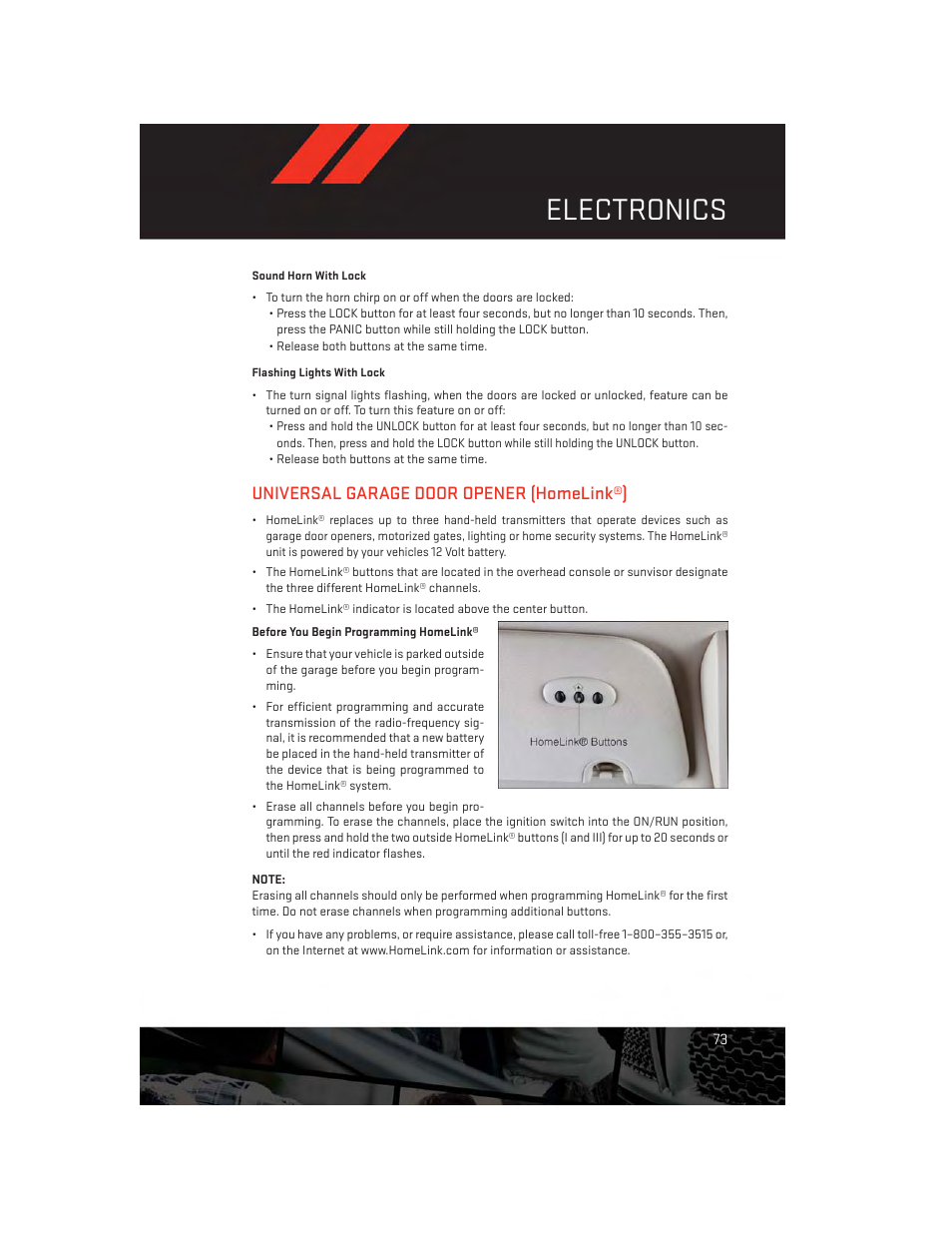 Universal garage door opener (homelink®), Before you begin programming homelink, Electronics | Dodge 2013 Grand_Caravan - User Guide User Manual | Page 75 / 132