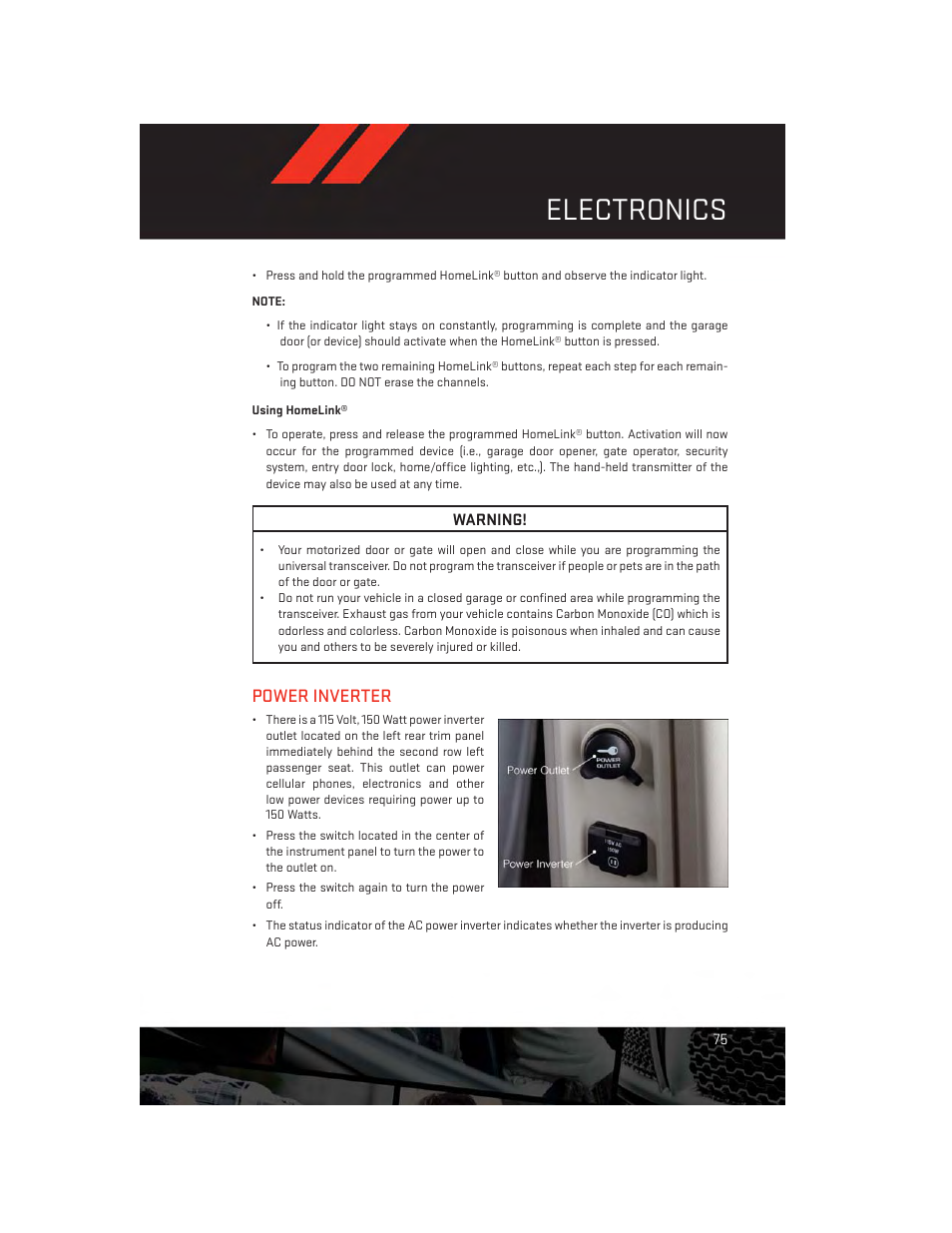 Using homelink, Power inverter, Electronics | Dodge 2013 Grand_Caravan - User Guide User Manual | Page 77 / 132