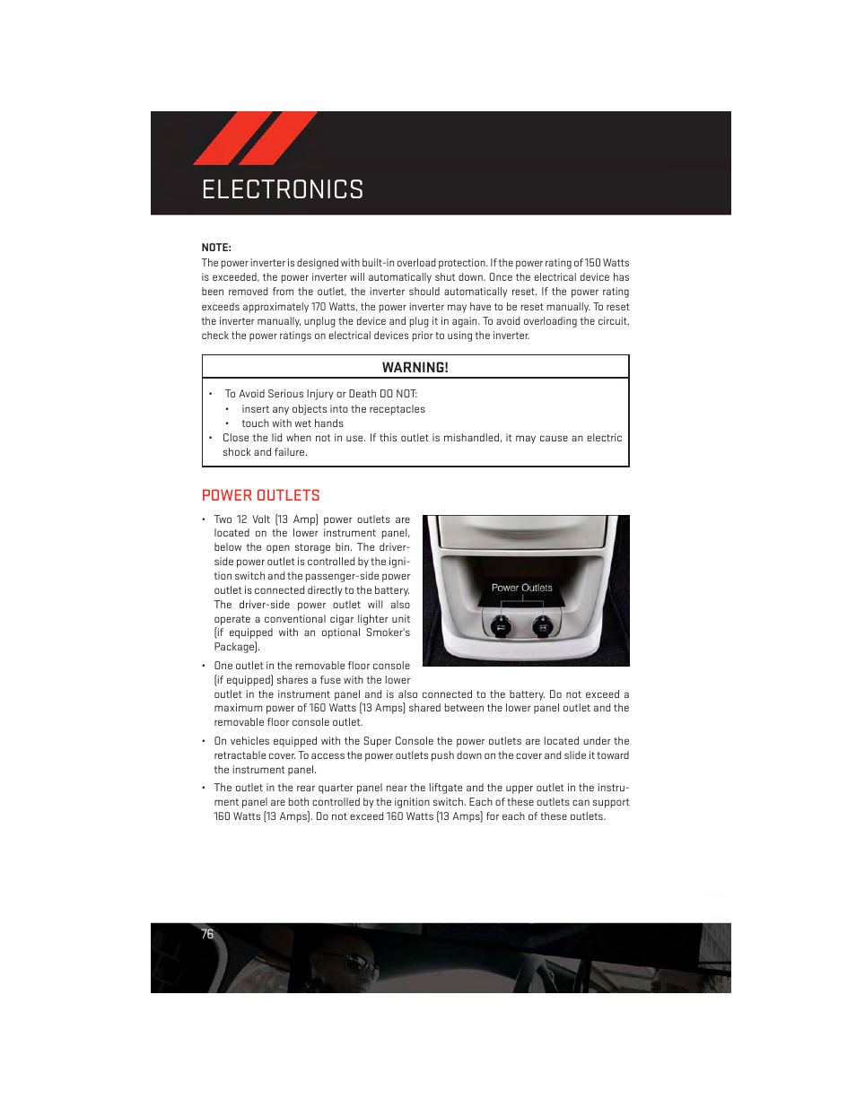 Power outlets, Electronics | Dodge 2013 Grand_Caravan - User Guide User Manual | Page 78 / 132