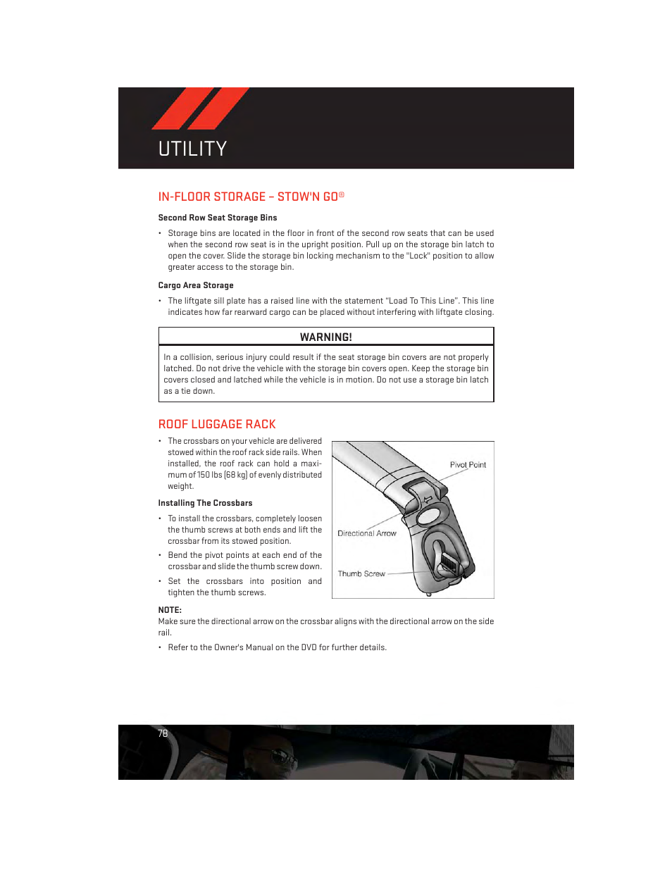 Utility, In-floor storage – stow'n go, Second row seat storage bins | Cargo area storage, Roof luggage rack, In-floor storage – stow'n go® roof luggage rack | Dodge 2013 Grand_Caravan - User Guide User Manual | Page 80 / 132