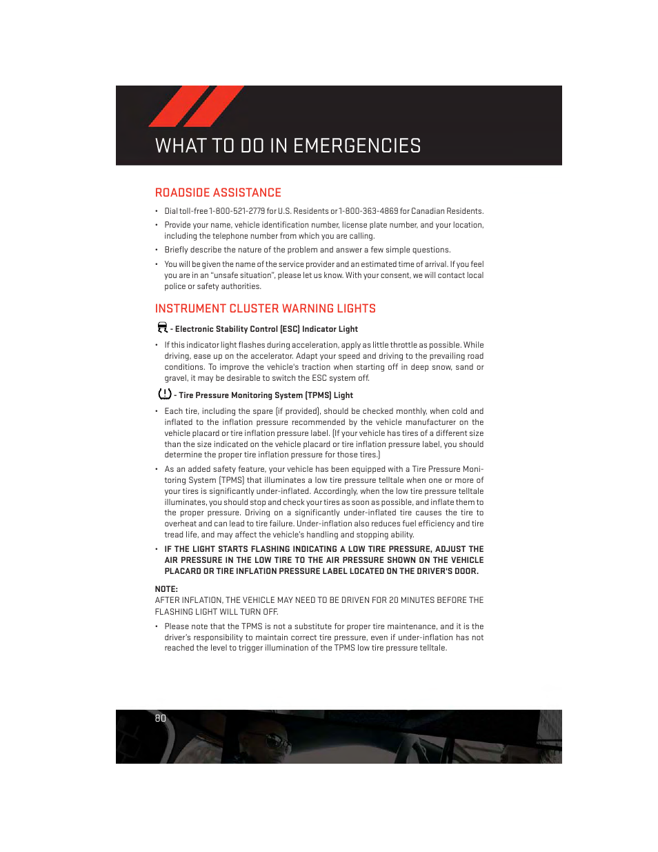 What to do in emergencies, Roadside assistance, Instrument cluster warning lights | Electronic stability control (esc) indicator light, Tire pressure monitoring system (tpms) light | Dodge 2013 Grand_Caravan - User Guide User Manual | Page 82 / 132