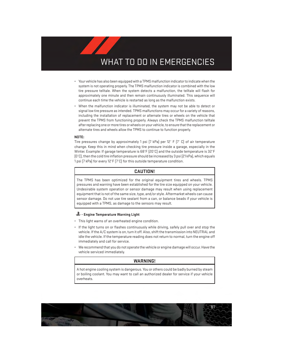 Engine temperature warning light, What to do in emergencies | Dodge 2013 Grand_Caravan - User Guide User Manual | Page 83 / 132