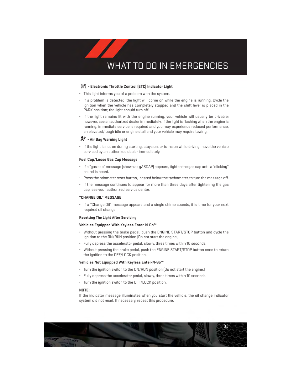 Electronic throttle control (etc) indicator light, Air bag warning light, Fuel cap/loose gas cap message | Change oil” message, What to do in emergencies | Dodge 2013 Grand_Caravan - User Guide User Manual | Page 85 / 132