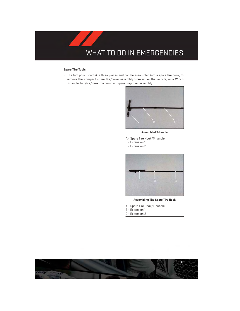 Spare tire tools, What to do in emergencies | Dodge 2013 Grand_Caravan - User Guide User Manual | Page 89 / 132