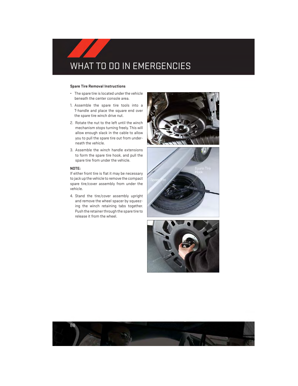 Spare tire removal instructions, What to do in emergencies | Dodge 2013 Grand_Caravan - User Guide User Manual | Page 90 / 132