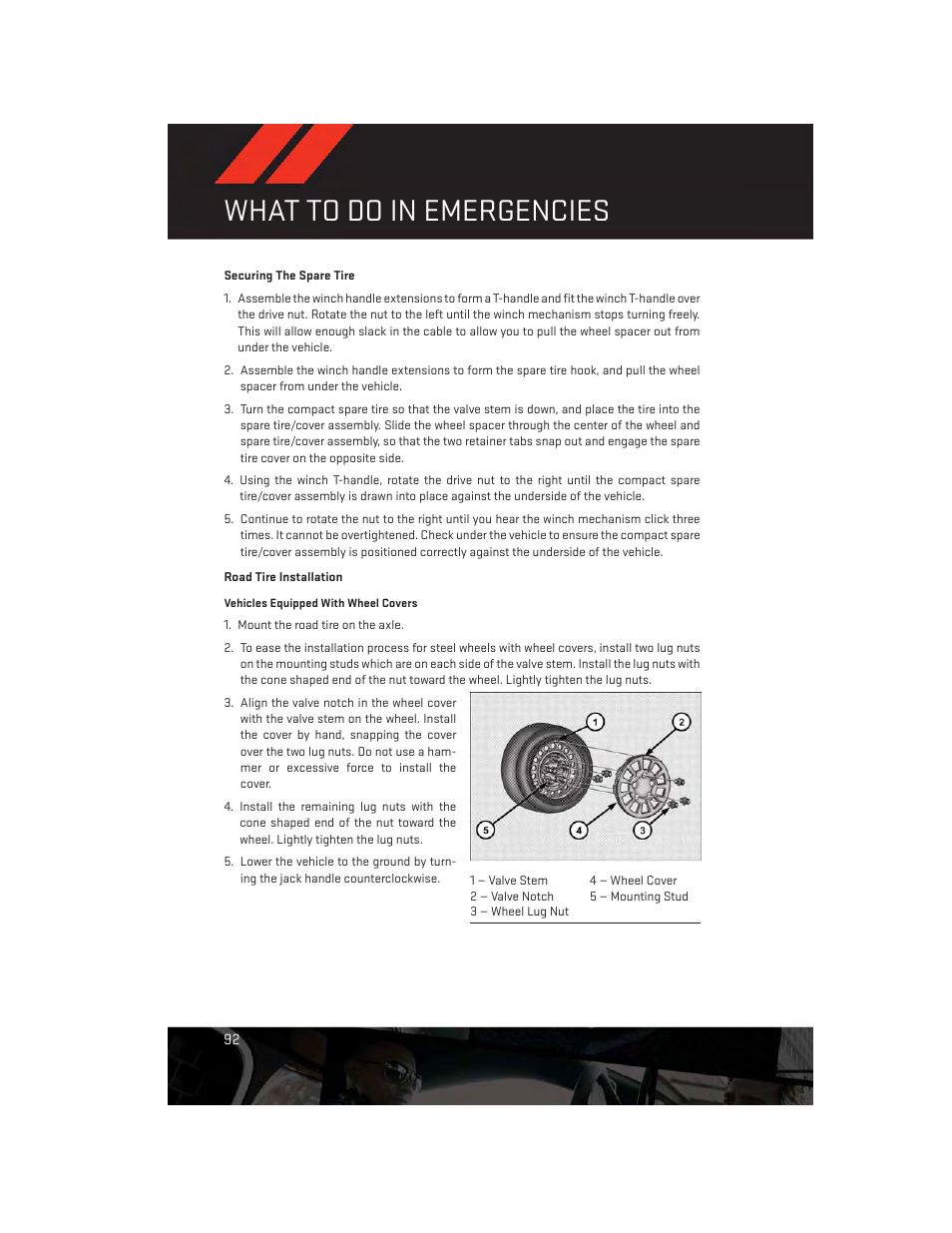 Securing the spare tire, Road tire installation, What to do in emergencies | Dodge 2013 Grand_Caravan - User Guide User Manual | Page 94 / 132