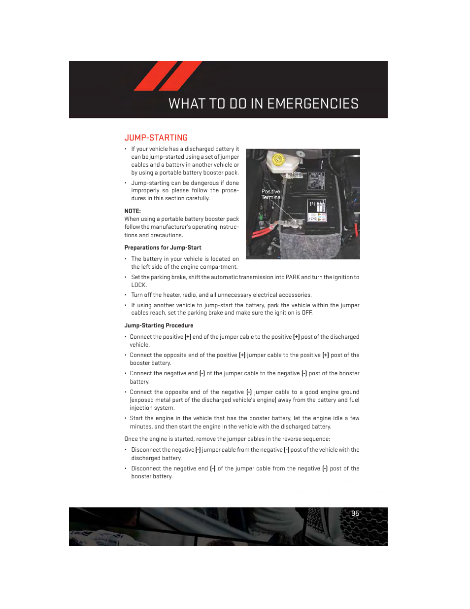 Jump-starting, Preparations for jump-start, Jump-starting procedure | What to do in emergencies | Dodge 2013 Grand_Caravan - User Guide User Manual | Page 97 / 132