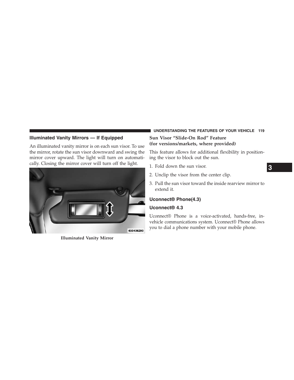 Illuminated vanity mirrors — if equipped, Uconnect® phone(4.3), Uconnect® 4.3 | Dodge 2013 Journey - Owner Manual User Manual | Page 121 / 630