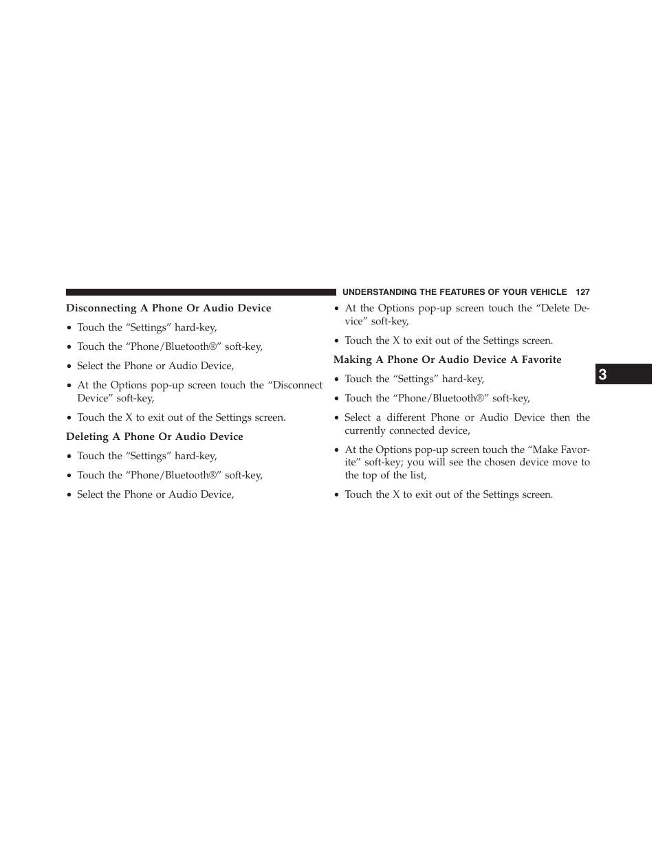 Disconnecting a phone or audio device, Deleting a phone or audio device, Making a phone or audio device a favorite | Dodge 2013 Journey - Owner Manual User Manual | Page 129 / 630