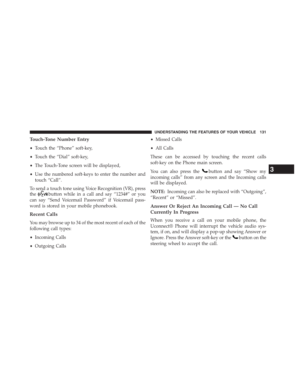 Touch-tone number entry, Recent calls | Dodge 2013 Journey - Owner Manual User Manual | Page 133 / 630