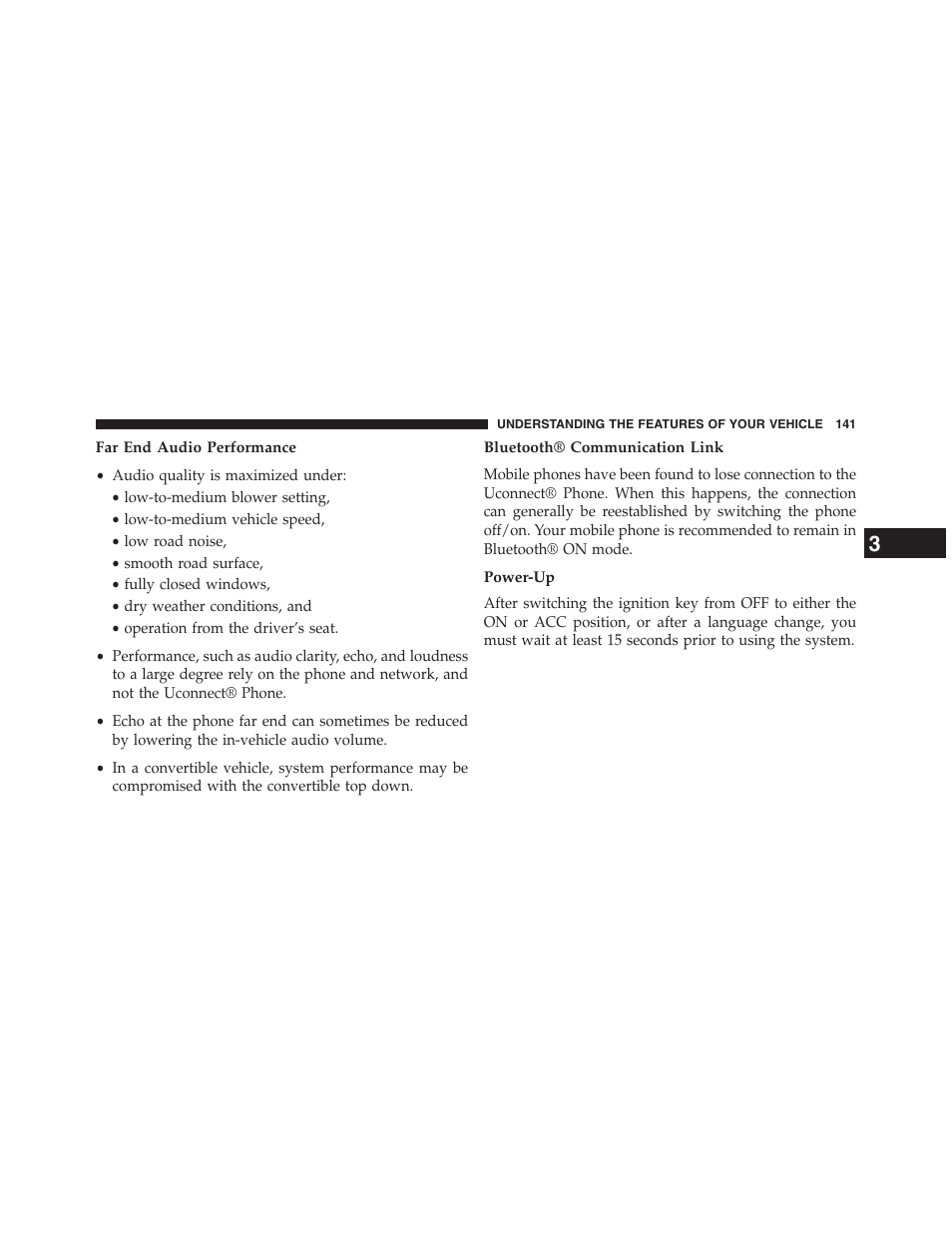 Far end audio performance, Bluetooth® communication link, Power-up | Dodge 2013 Journey - Owner Manual User Manual | Page 143 / 630