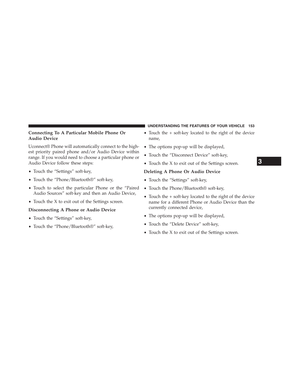 Disconnecting a phone or audio device, Deleting a phone or audio device | Dodge 2013 Journey - Owner Manual User Manual | Page 155 / 630