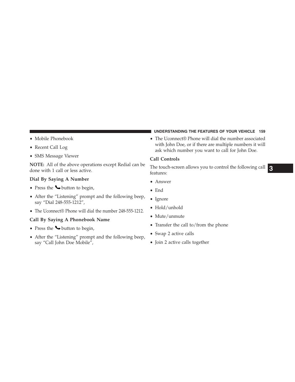 Dial by saying a number, Call by saying a phonebook name, Call controls | Dodge 2013 Journey - Owner Manual User Manual | Page 161 / 630