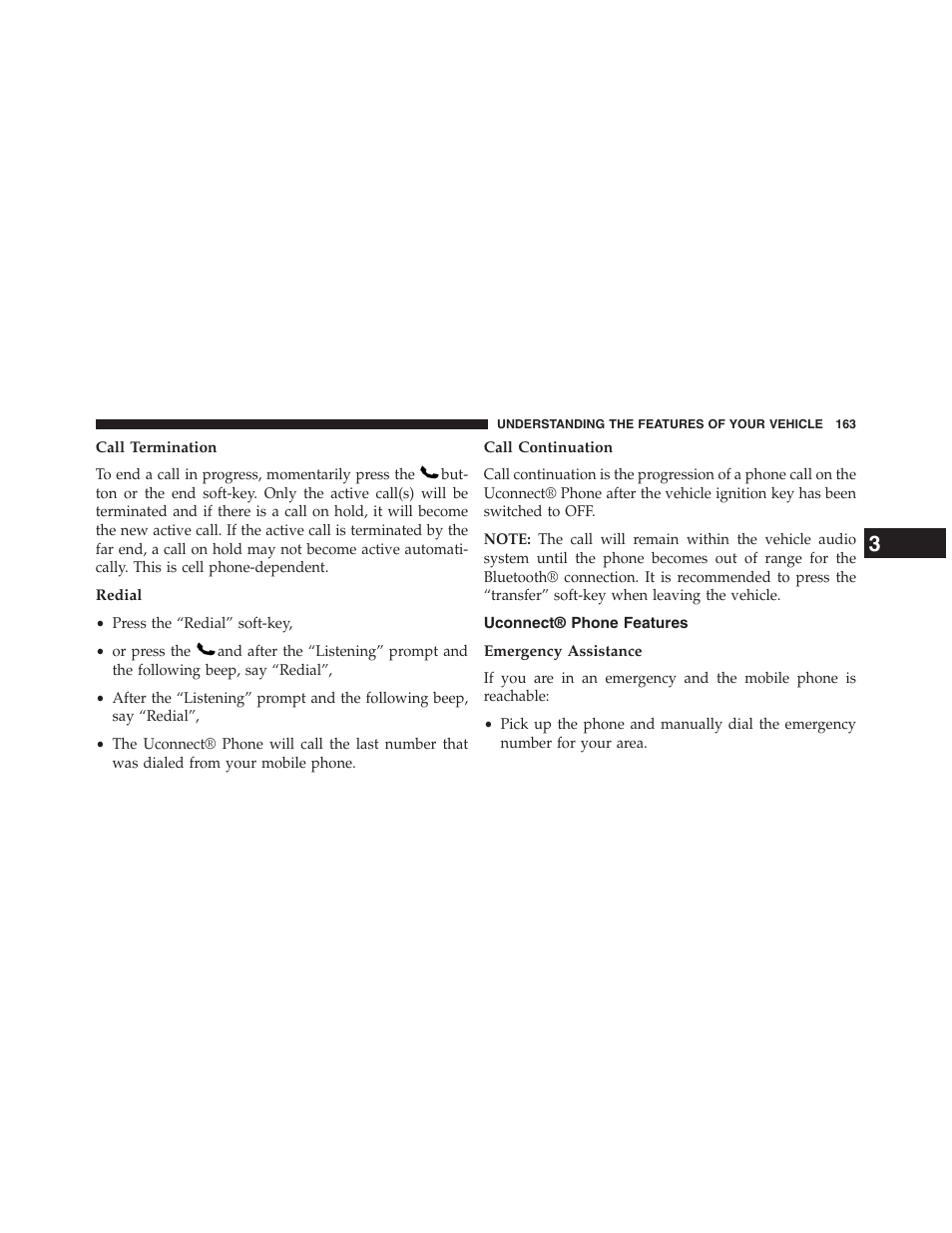 Call termination, Redial, Call continuation | Uconnect® phone features, Emergency assistance | Dodge 2013 Journey - Owner Manual User Manual | Page 165 / 630