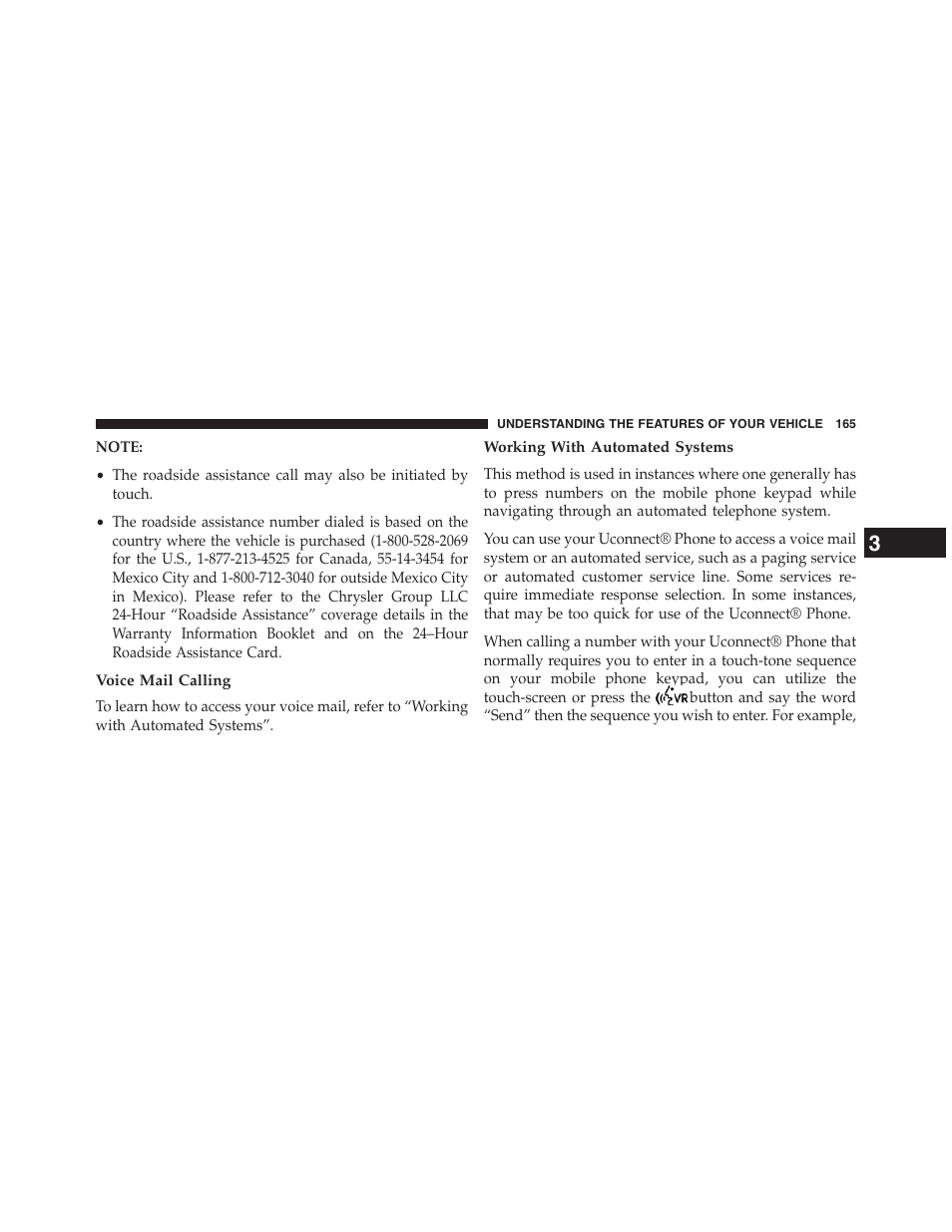 Voice mail calling, Working with automated systems | Dodge 2013 Journey - Owner Manual User Manual | Page 167 / 630