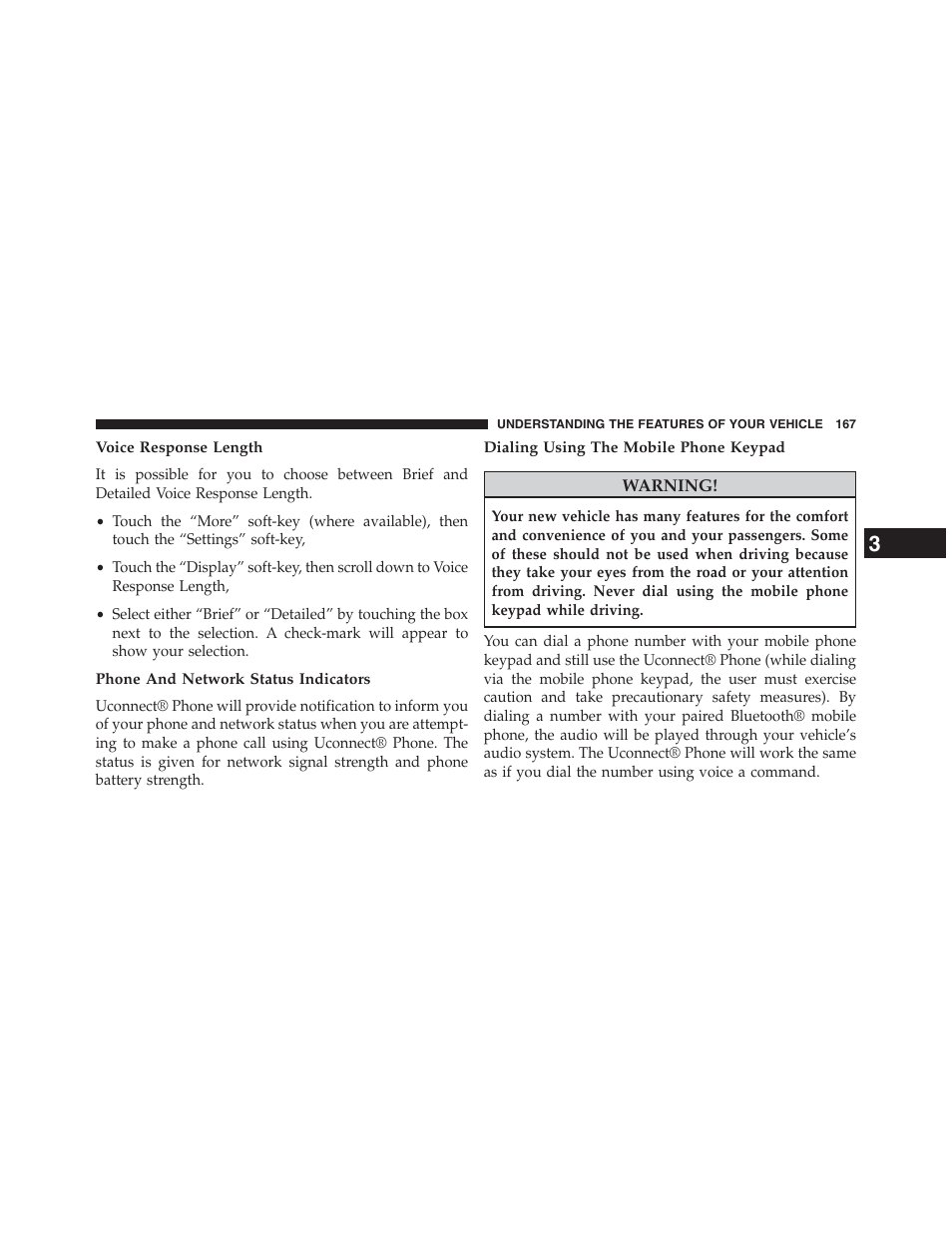 Voice response length, Phone and network status indicators, Dialing using the mobile phone keypad | Dodge 2013 Journey - Owner Manual User Manual | Page 169 / 630