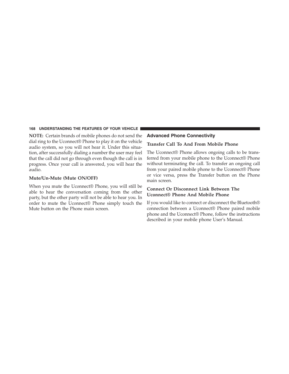 Mute/un-mute (mute on/off), Advanced phone connectivity, Transfer call to and from mobile phone | Dodge 2013 Journey - Owner Manual User Manual | Page 170 / 630