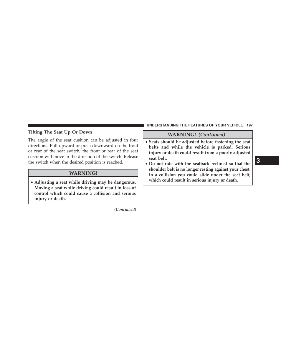 Tilting the seat up or down | Dodge 2013 Journey - Owner Manual User Manual | Page 199 / 630
