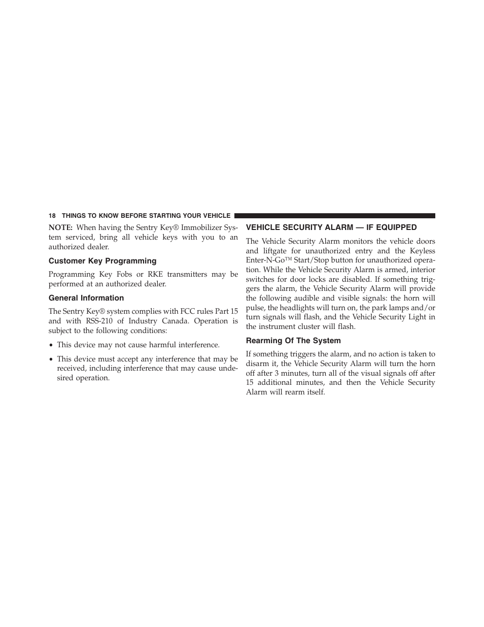 Customer key programming, General information, Vehicle security alarm — if equipped | Rearming of the system, Vehicle security alarm, If equipped | Dodge 2013 Journey - Owner Manual User Manual | Page 20 / 630