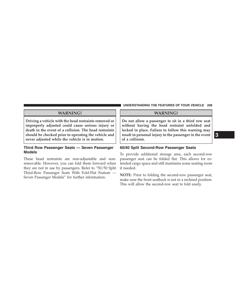 Third row passenger seats — seven passenger models, 60/40 split second-row passenger seats, Third row passenger seats | Seven passenger models | Dodge 2013 Journey - Owner Manual User Manual | Page 211 / 630